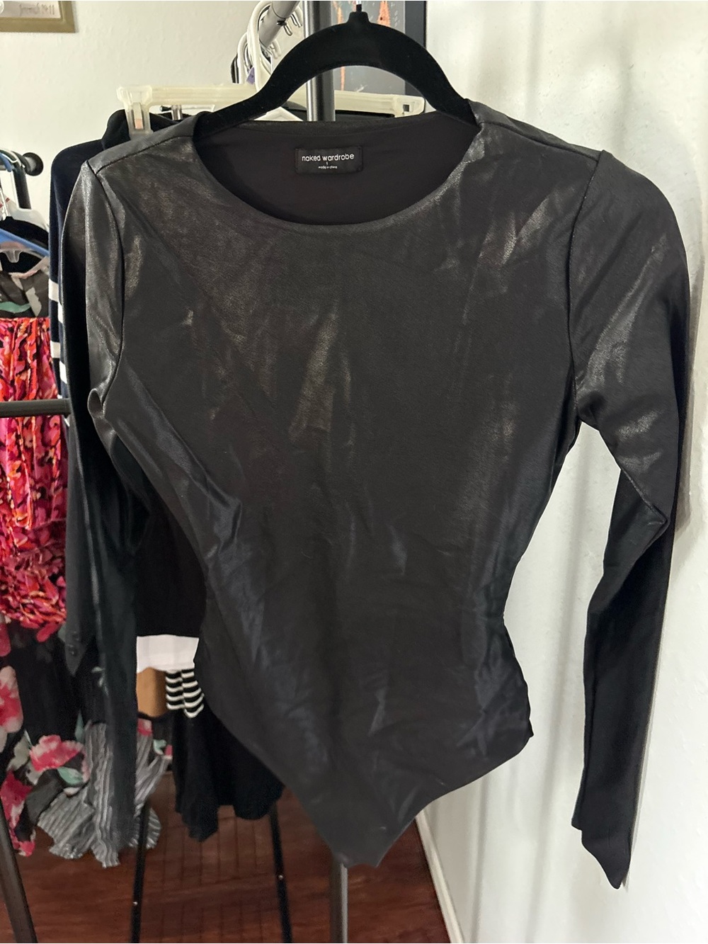 naked wardrobe Black Shimmer Long Sleeve Crew Bodysuit